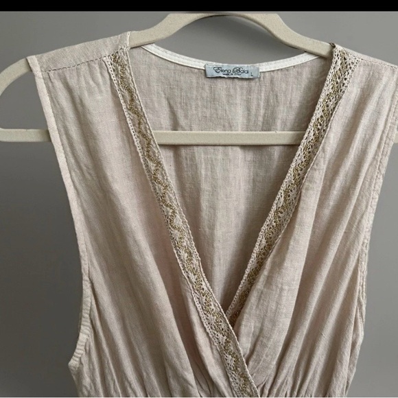 Elena Baldi Women's Tiered Boho A-line Tan Linen Dress with Lace Detail Size L - Picture 3 of 6